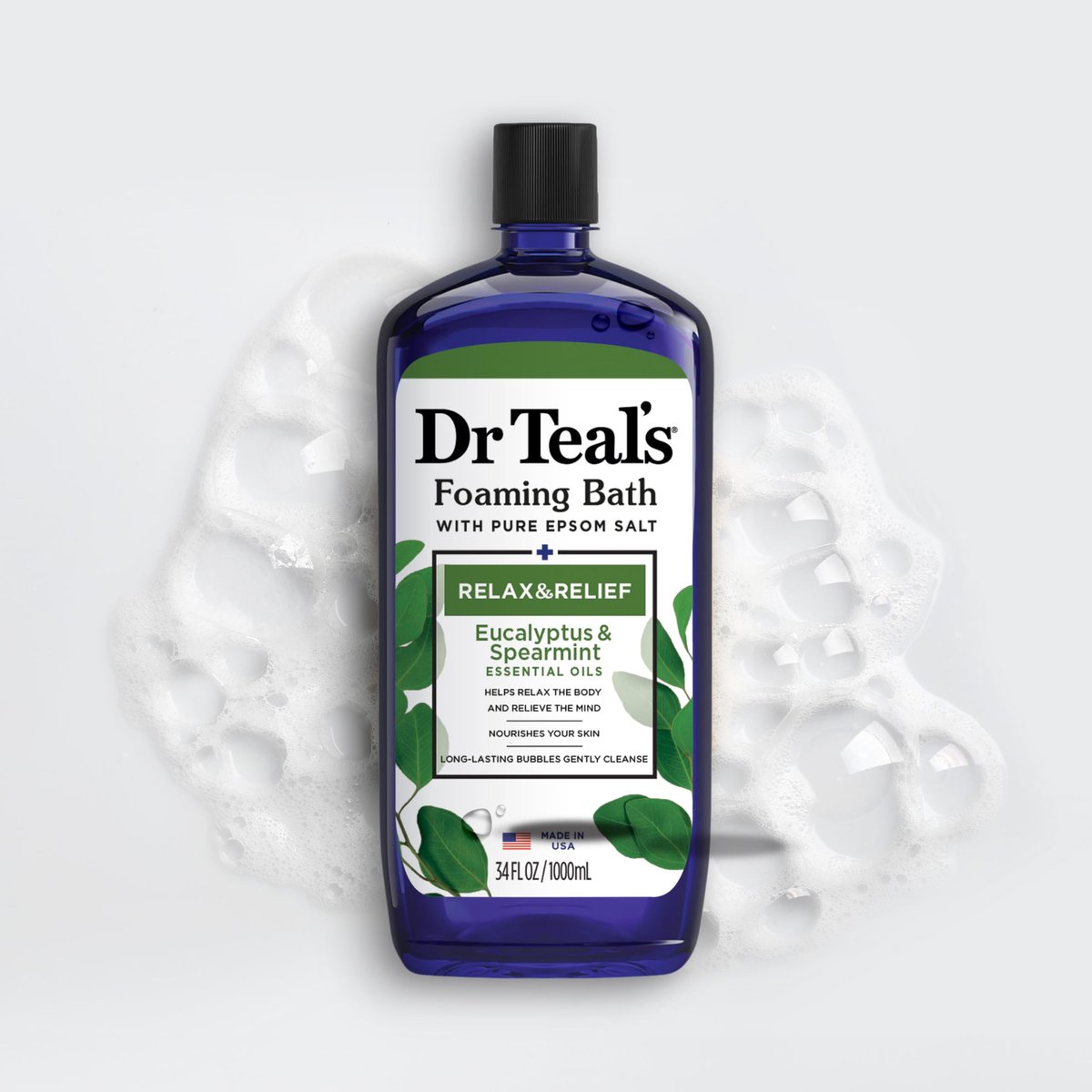 Dr Teal's Foaming Bath with Pure Epsom Salt, Relax & Relief with Eucalyptus & Spearmint, 34 fl oz (Pack of 4) Avelisse