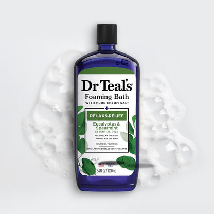 Dr Teal's Foaming Bath with Pure Epsom Salt, Relax & Relief with Eucalyptus & Spearmint, 34 fl oz (Pack of 4) Avelisse