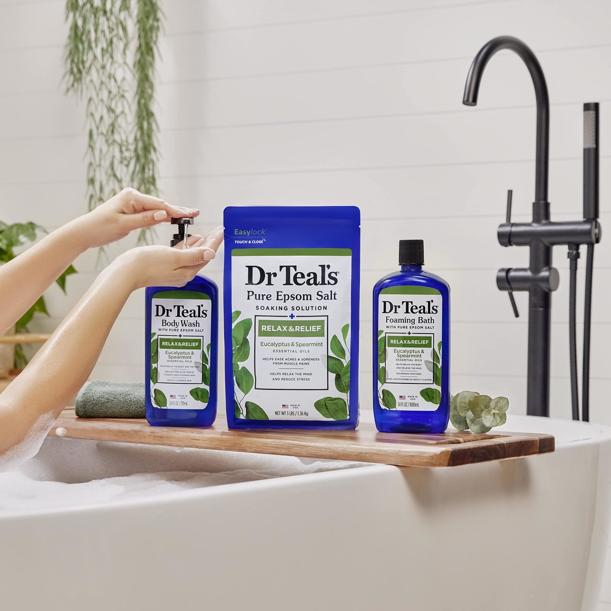 Dr Teal's Foaming Bath with Pure Epsom Salt, Relax & Relief with Eucalyptus & Spearmint, 34 fl oz (Pack of 4) Avelisse
