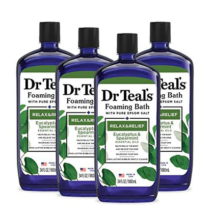 Dr Teal's Foaming Bath with Pure Epsom Salt, Relax & Relief with Eucalyptus & Spearmint, 34 fl oz (Pack of 4) Avelisse