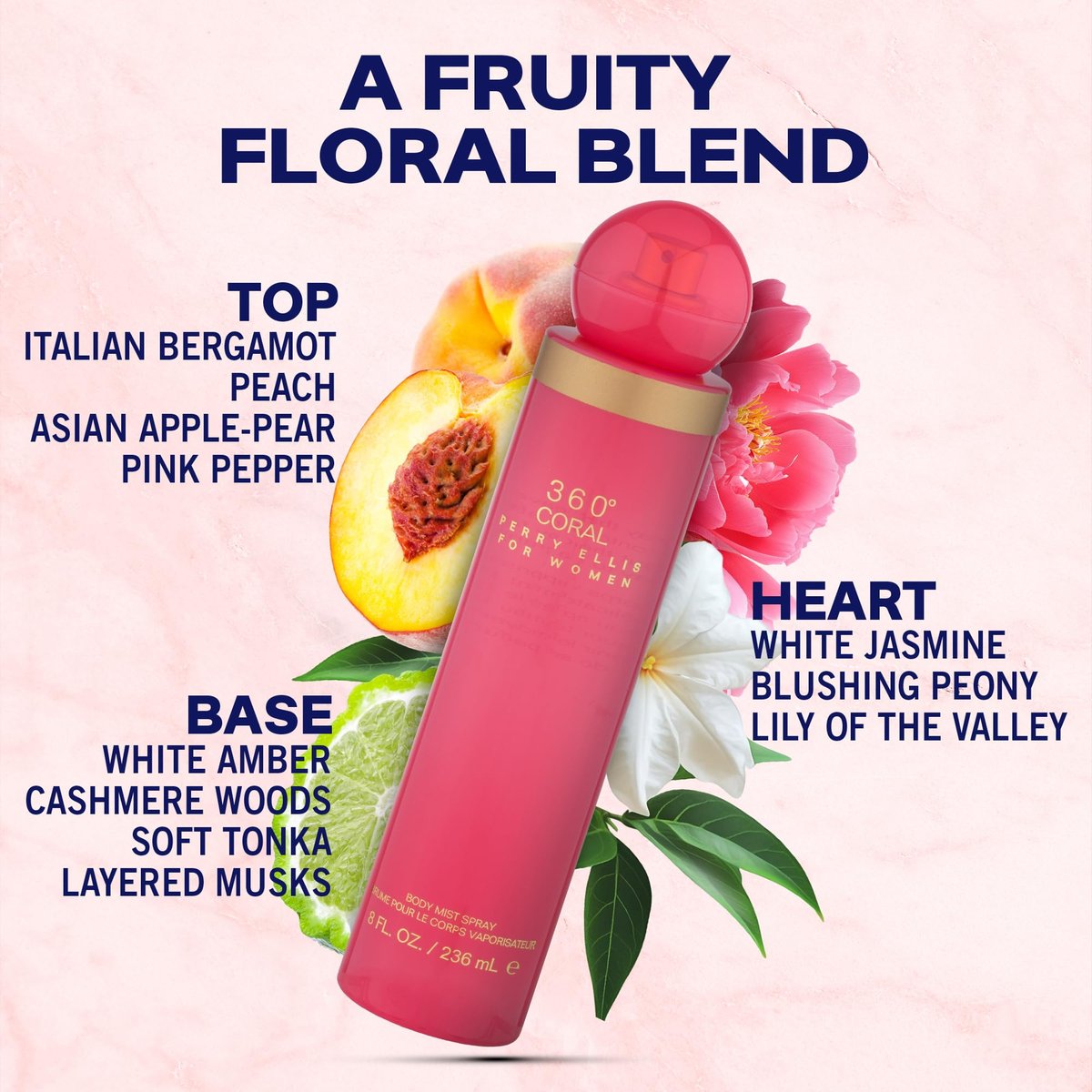 Perry Ellis 360° Coral Body Mist for Women – Floral & Fruity Fragrance, Long-Lasting EDT, 8 fl oz Avelisse
