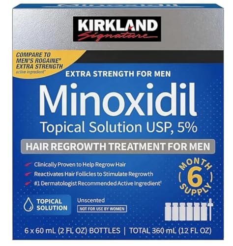 Kirkland Signature Minoxidil Topical Solution USP 5% Extra Strength Hair Regrowth Treatment for Men, 6 Months Supply (2 Pack, 12 Fl Oz Total) Avelisse