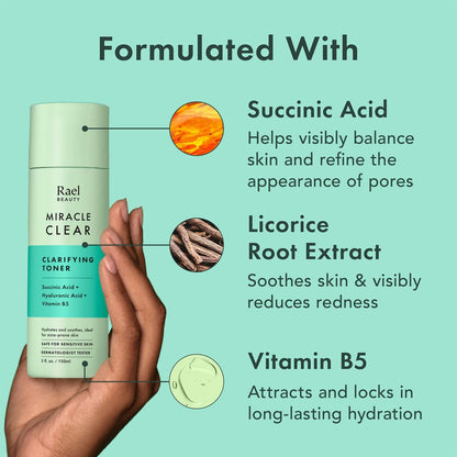 Rael Miracle Clear Daily Toner with Succinic Acid & Vitamin B5 – Hydrating Korean Skin Care for Acne-Prone Skin (5.1 oz) Avelisse
