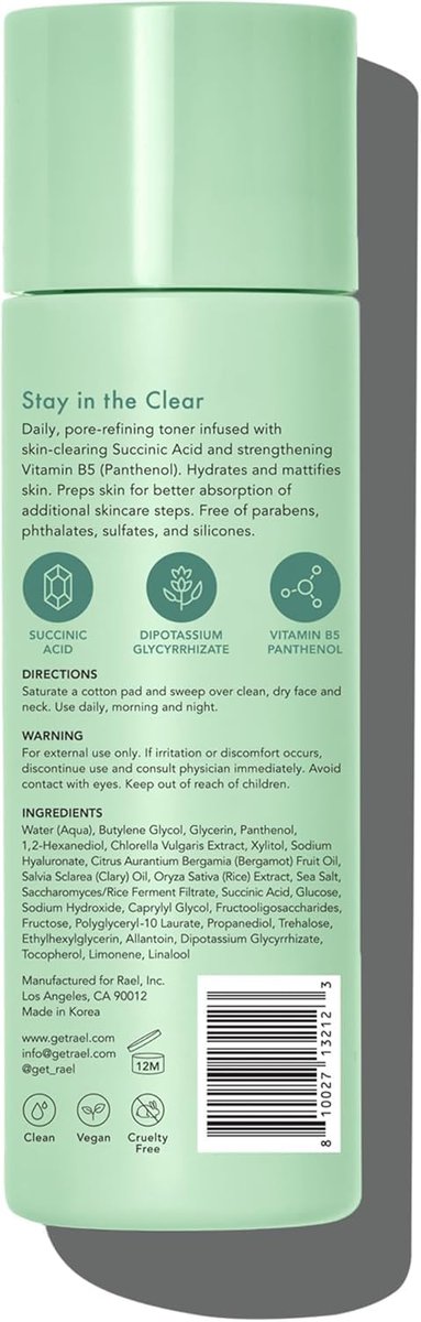Rael Miracle Clear Daily Toner with Succinic Acid & Vitamin B5 – Hydrating Korean Skin Care for Acne-Prone Skin (5.1 oz) Avelisse