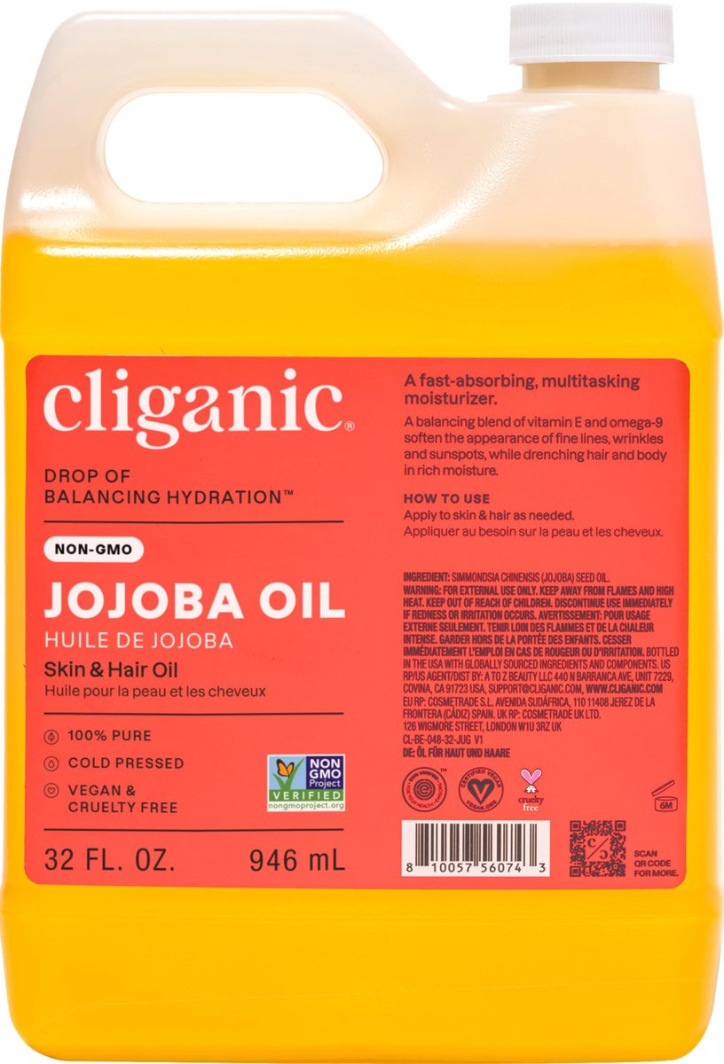 Cliganic Non-GMO Jojoba Oil Bulk 32oz - 100% Pure, Natural Cold Pressed, Unrefined, Hexane Free Oil for Hair & Face Avelisse