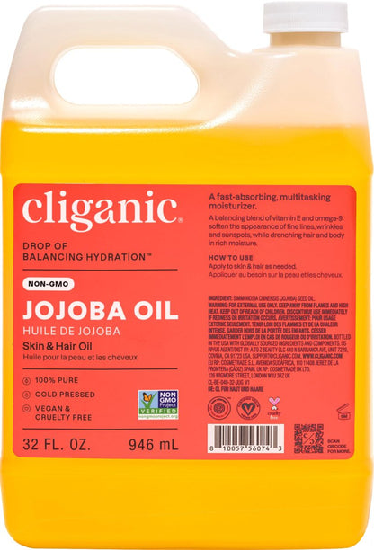 Cliganic Non-GMO Jojoba Oil Bulk 32oz - 100% Pure, Natural Cold Pressed, Unrefined, Hexane Free Oil for Hair & Face Avelisse