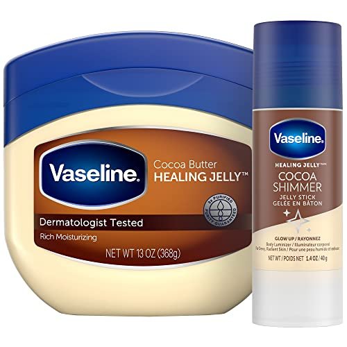 Vaseline Rich Moisturizing Healing Jelly Cocoa Butter 13 oz + Cocoa Shimmer Stick 1.4 oz Bundle for Radiant, Shimmering, Moisturized Skin Avelisse