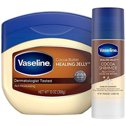 Vaseline Rich Moisturizing Healing Jelly Cocoa Butter 13 oz + Cocoa Shimmer Stick 1.4 oz Bundle for Radiant, Shimmering, Moisturized Skin Avelisse