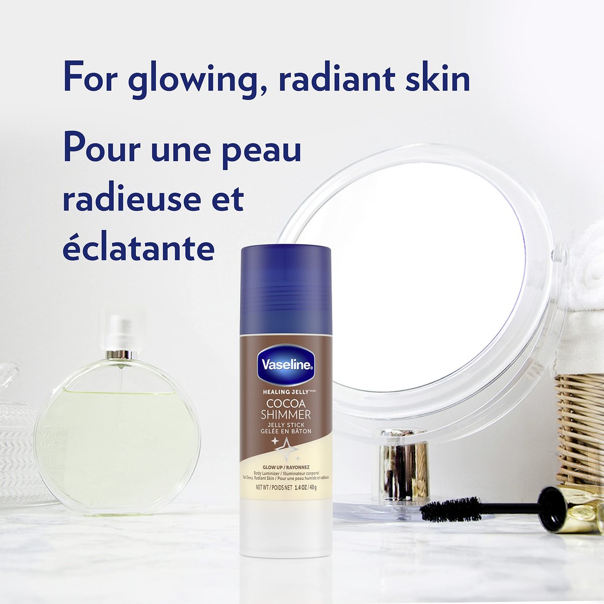 Vaseline Rich Moisturizing Healing Jelly Cocoa Butter 13 oz + Cocoa Shimmer Stick 1.4 oz Bundle for Radiant, Shimmering, Moisturized Skin Avelisse