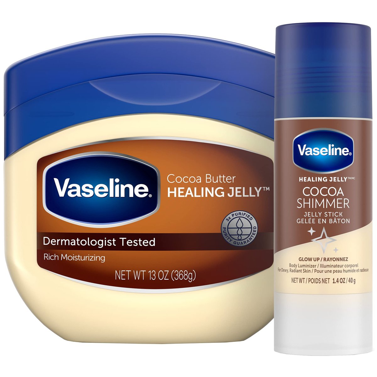 Vaseline Rich Moisturizing Healing Jelly Cocoa Butter 13 oz + Cocoa Shimmer Stick 1.4 oz Bundle for Radiant, Shimmering, Moisturized Skin Avelisse