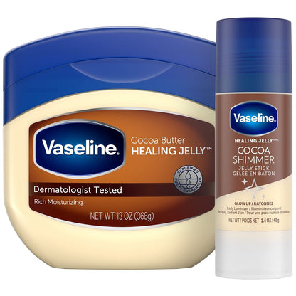 Vaseline Rich Moisturizing Healing Jelly Cocoa Butter 13 oz + Cocoa Shimmer Stick 1.4 oz Bundle for Radiant, Shimmering, Moisturized Skin Avelisse