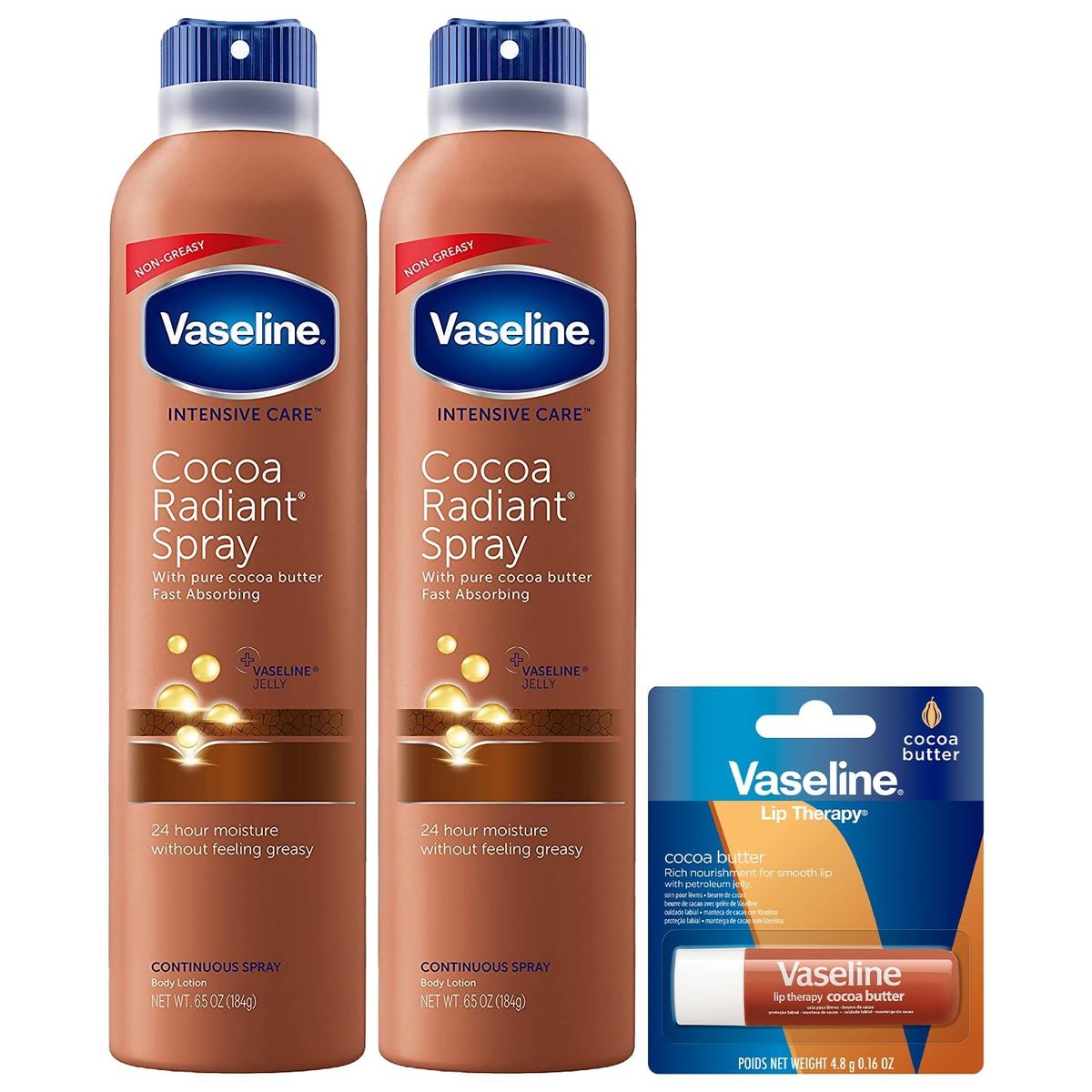 Vaseline Cocoa Radiant Spray 2-Pack + Lip Therapy Cocoa Butter Lip Balm – 3 Piece Set for Dry Skin Avelisse