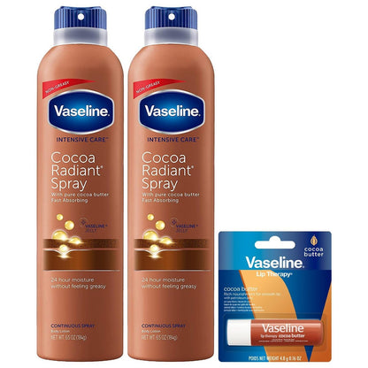 Vaseline Cocoa Radiant Spray 2-Pack + Lip Therapy Cocoa Butter Lip Balm – 3 Piece Set for Dry Skin Avelisse