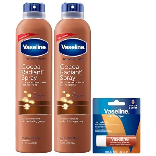 Vaseline Cocoa Radiant Spray 2-Pack + Lip Therapy Cocoa Butter Lip Balm – 3 Piece Set for Dry Skin Avelisse