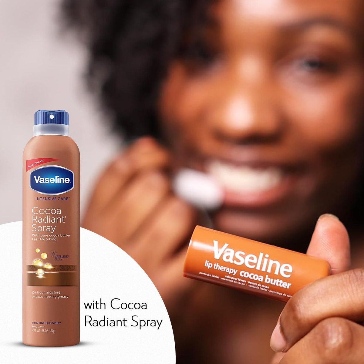 Vaseline Cocoa Radiant Spray 2-Pack + Lip Therapy Cocoa Butter Lip Balm – 3 Piece Set for Dry Skin Avelisse