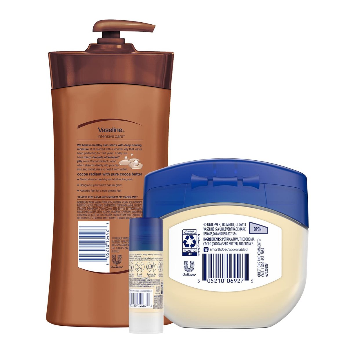 Vaseline Intensive Care Cocoa Radiant Lotion, 20.3 oz + Healing Jelly Butter, 7.5 oz + Shimmer Stick, 1.4 oz - 3 Piece Set Avelisse