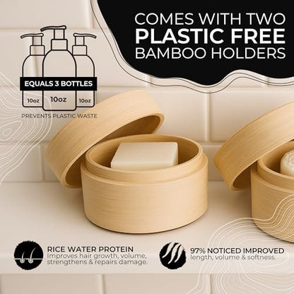Viori Hidden Waterfall Shampoo and Conditioner Bar Set with Bamboo Holder – Rice Water for Hair Growth, Sulfate-Free Solid Bars Avelisse