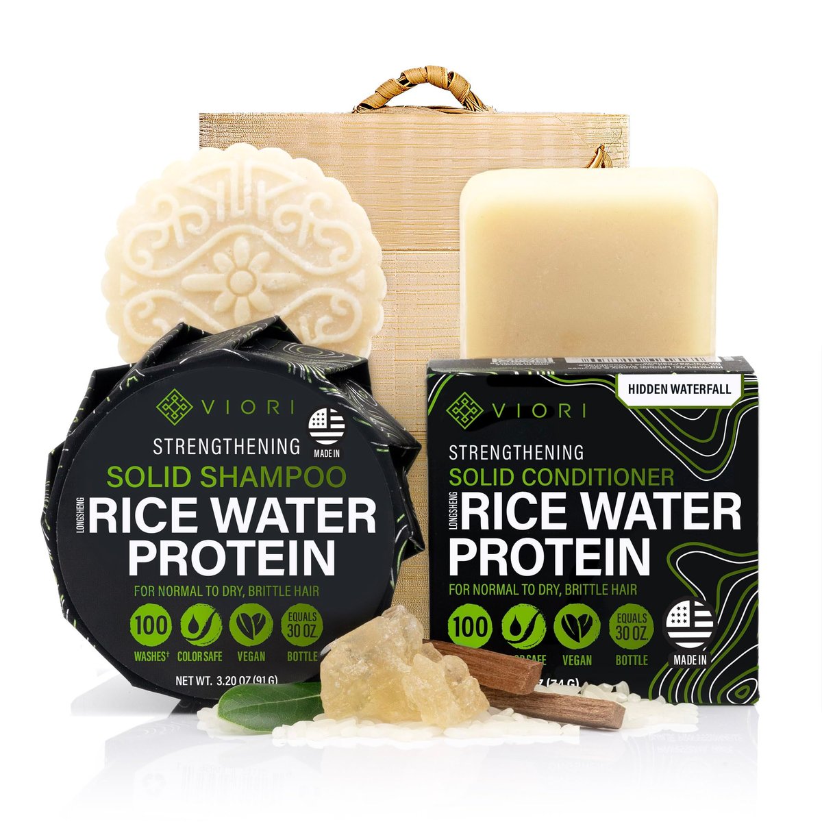 Viori Hidden Waterfall Shampoo and Conditioner Bar Set with Bamboo Holder – Rice Water for Hair Growth, Sulfate-Free Solid Bars Avelisse