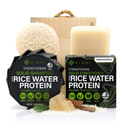 Viori Hidden Waterfall Shampoo and Conditioner Bar Set with Bamboo Holder – Rice Water for Hair Growth, Sulfate-Free Solid Bars Avelisse