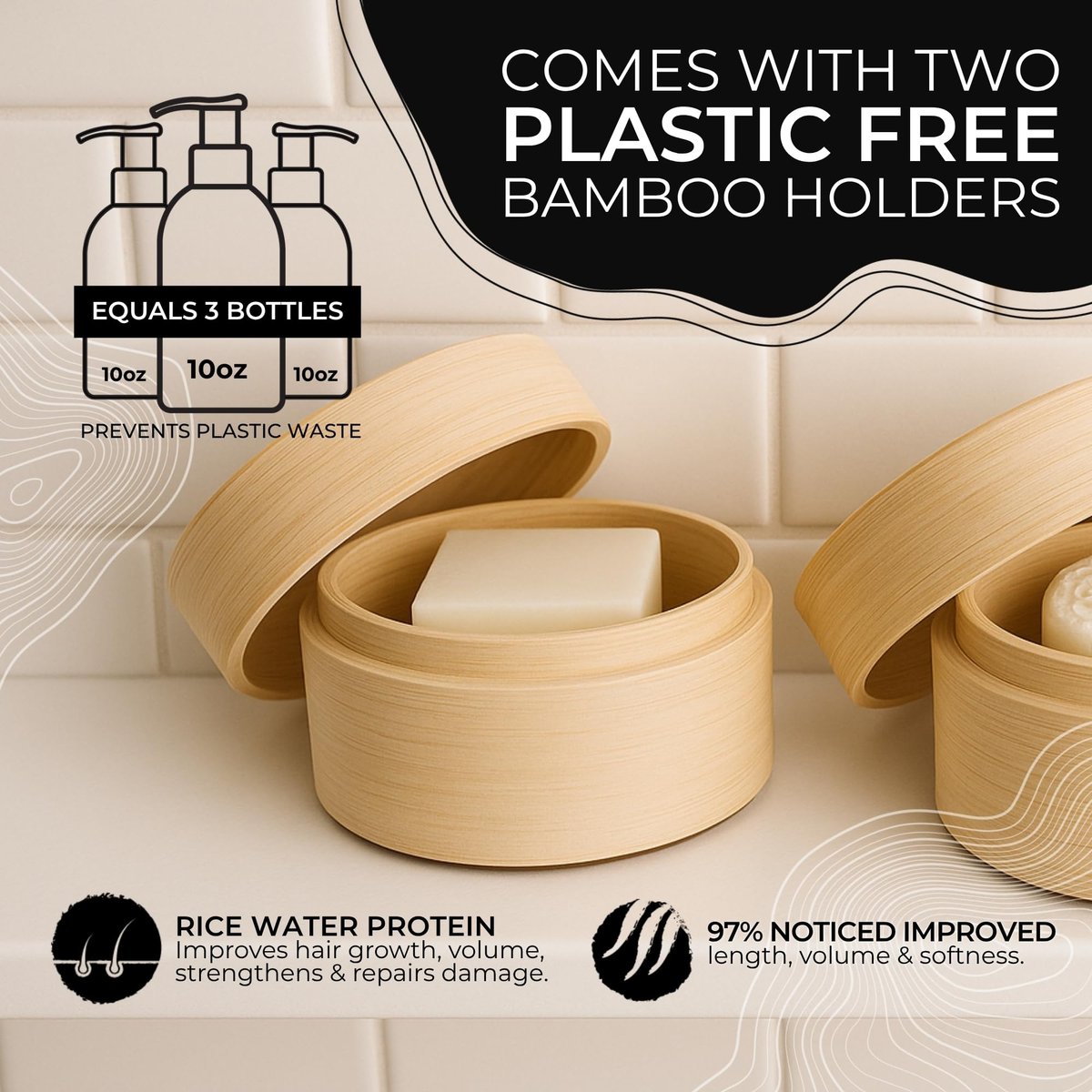 Viori Hidden Waterfall Shampoo and Conditioner Bar Set with Bamboo Holder – Rice Water for Hair Growth, Sulfate-Free Solid Bars Avelisse