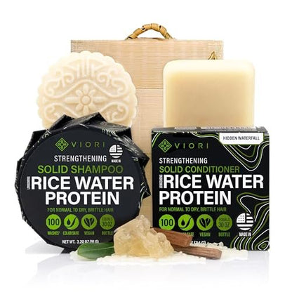 Viori Hidden Waterfall Shampoo and Conditioner Bar Set with Bamboo Holder – Rice Water for Hair Growth, Sulfate-Free Solid Bars Avelisse
