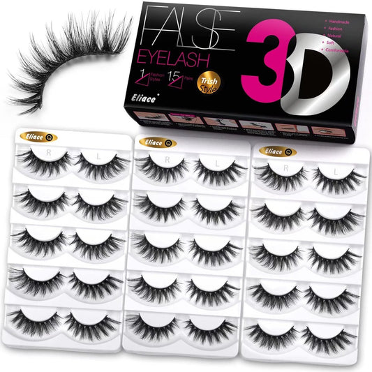 Eliace 15 Pairs Cat Eye False Eyelashes – 3D Faux Mink Lashes, Spiky Wispy Natural Look, Reusable & Soft for Professional Makeup (Trish Style)