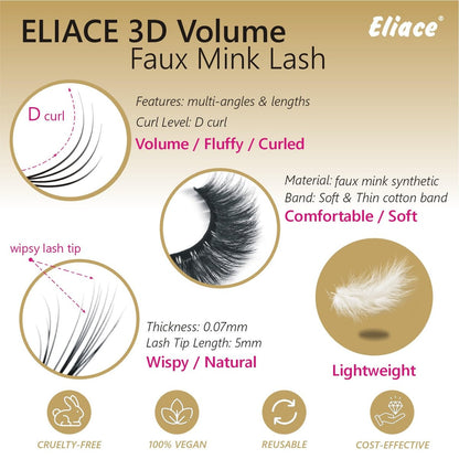 Eliace False Eyelashes 15 Pairs Natural Look Cat Eye Lashes Wispy, 3D Faux Mink Lashes Fluffy Long Thick, Fake Eyelashes Cross Wispy Volume Lash Soft Reusable Dramatic, Sierra Style
