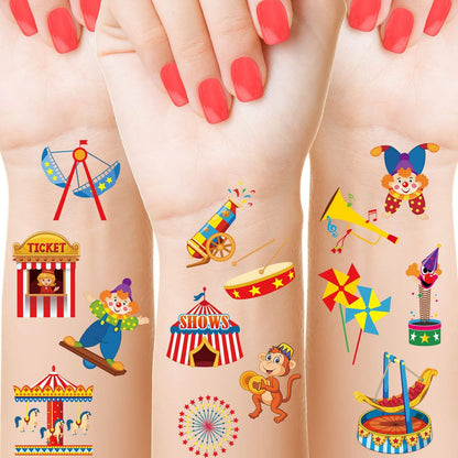 Maitys 288 Pcs Circus Temporary Tattoos for Kids – 48 Styles Clown & Animal Designs, Carnival Party Favors & Classroom Rewards