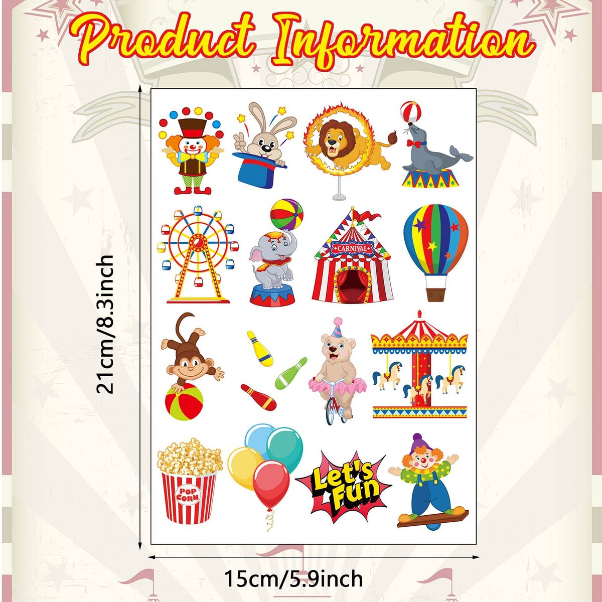 Maitys 288 Pcs Circus Temporary Tattoos for Kids – 48 Styles Clown & Animal Designs, Carnival Party Favors & Classroom Rewards - görsel 3