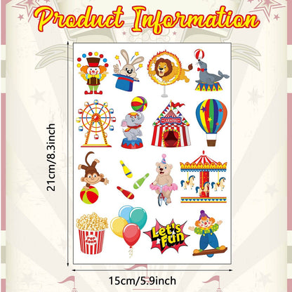 Maitys 288 Pcs Circus Temporary Tattoos for Kids – 48 Styles Clown & Animal Designs, Carnival Party Favors & Classroom Rewards