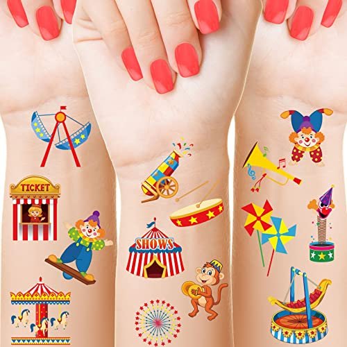 Maitys 288 Pcs Circus Temporary Tattoos for Kids – 48 Styles Clown & Animal Designs, Carnival Party Favors & Classroom Rewards - görsel 2