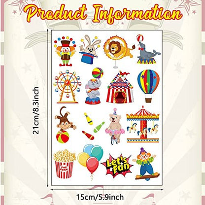 Maitys 288 Pcs Circus Temporary Tattoos for Kids – 48 Styles Clown & Animal Designs, Carnival Party Favors & Classroom Rewards