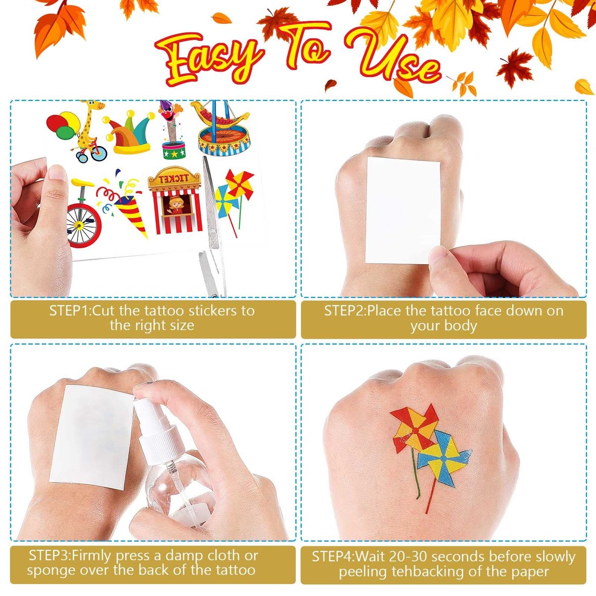 Maitys 288 Pcs Circus Temporary Tattoos for Kids – 48 Styles Clown & Animal Designs, Carnival Party Favors & Classroom Rewards - görsel 5
