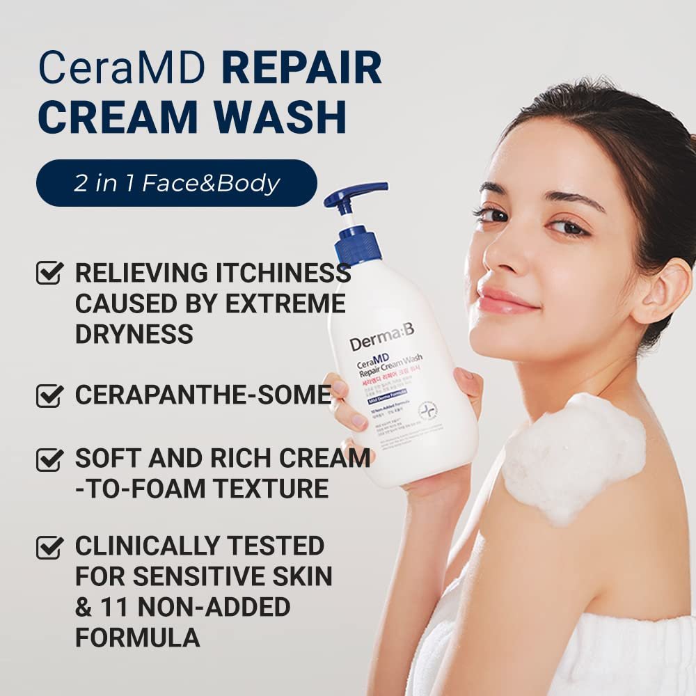 Derma B CeraMD Repair Cream Wash - Unscented Fragrance Free Creamy Face & Body Cleanser for Dry Sensitive Itchy Skin, Deep Moisture Paraben-Free Body Wash, Cream to Foam Cleanser, 13.5 Fl. Oz. (400ml) Avelisse