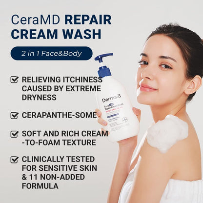 Derma B CeraMD Repair Cream Wash - Unscented Fragrance Free Creamy Face & Body Cleanser for Dry Sensitive Itchy Skin, Deep Moisture Paraben-Free Body Wash, Cream to Foam Cleanser, 13.5 Fl. Oz. (400ml) Avelisse
