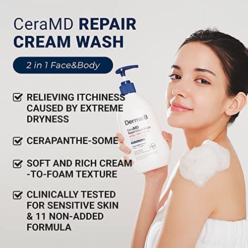 Derma B CeraMD Repair Cream Wash - Unscented Fragrance Free Creamy Face & Body Cleanser for Dry Sensitive Itchy Skin, Deep Moisture Paraben-Free Body Wash, Cream to Foam Cleanser, 13.5 Fl. Oz. (400ml) Avelisse