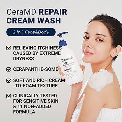 Derma B CeraMD Repair Cream Wash - Unscented Fragrance Free Creamy Face & Body Cleanser for Dry Sensitive Itchy Skin, Deep Moisture Paraben-Free Body Wash, Cream to Foam Cleanser, 13.5 Fl. Oz. (400ml) Avelisse