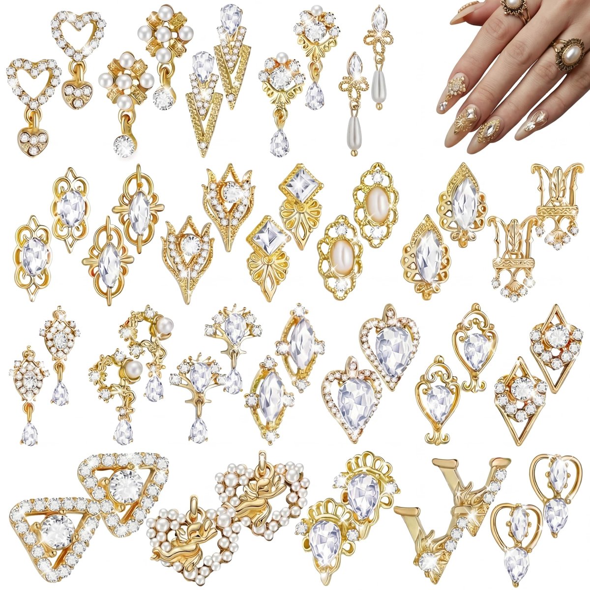 Maitys 52 Pcs Gold Nail Charms Gems Rhinestone Luxury 3D Sparkling Crystal Pendant Bulk for Women Y2K Kawaii Acrylic Nail Tips Accessories DIY Craft Jewelry Making - görsel 1