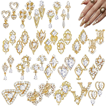 Maitys 52 Pcs Gold Nail Charms Gems Rhinestone Luxury 3D Sparkling Crystal Pendant Bulk for Women Y2K Kawaii Acrylic Nail Tips Accessories DIY Craft Jewelry Making