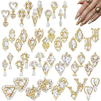 Maitys 52 Pcs Gold Nail Charms Gems Rhinestone Luxury 3D Sparkling Crystal Pendant Bulk for Women Y2K Kawaii Acrylic Nail Tips Accessories DIY Craft Jewelry Making