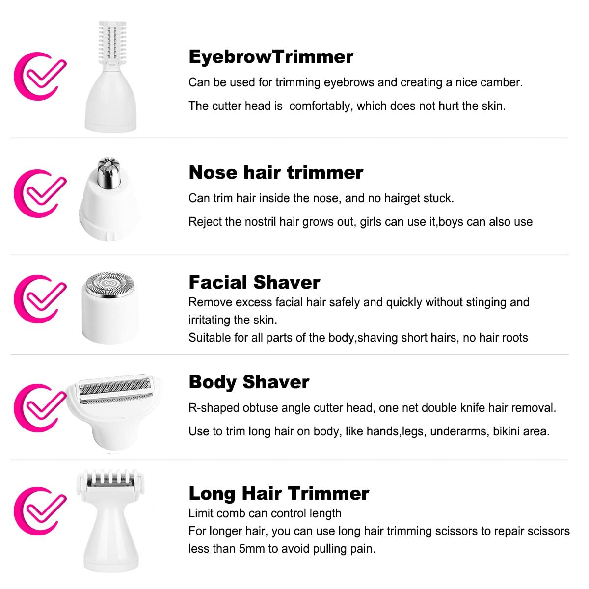 ANFOOS 5-in-1 Electric Razor for Women – Painless Body Hair Trimmer for Face, Legs, Armpits, Bikini Area, and More, Rechargeable & Portable Avelisse