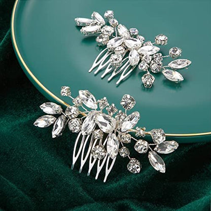 2 Pack Silver Rhinestone Bridal Hair Comb Set - Crystal Side Combs for Wedding, Prom & Special Occasions