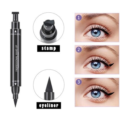 Linble Dual Ended Black Liquid Eyeliner - 2 in 1 Winged Cat Eye Stamp & Felt-tip Eyeliner Pen, Waterproof, Long Lasting and Smudge Proof Eye Makeup Tool for Women