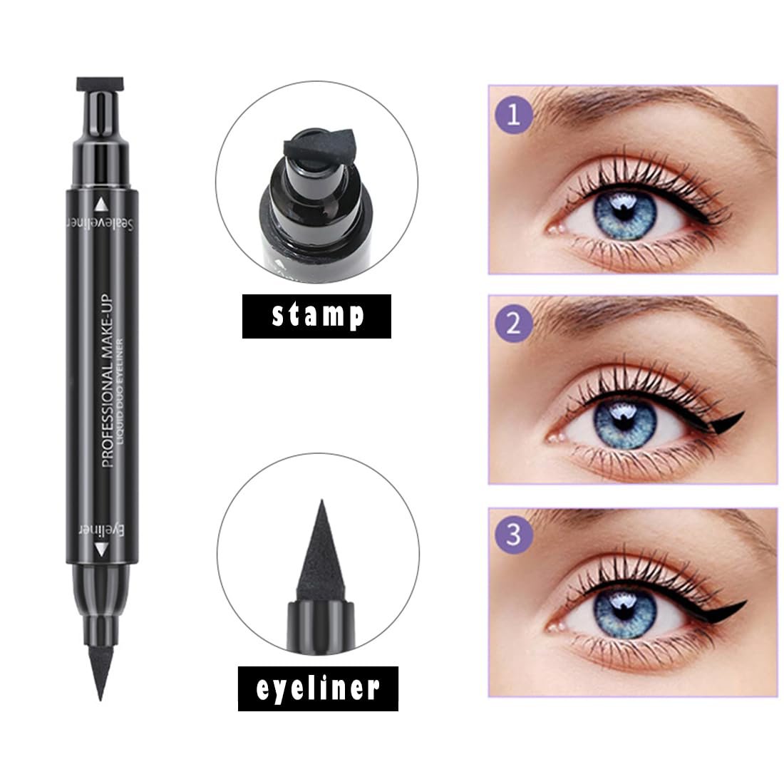 Linble Dual Ended Black Liquid Eyeliner - 2 in 1 Winged Cat Eye Stamp & Felt-tip Eyeliner Pen, Waterproof, Long Lasting and Smudge Proof Eye Makeup Tool for Women - görsel 4
