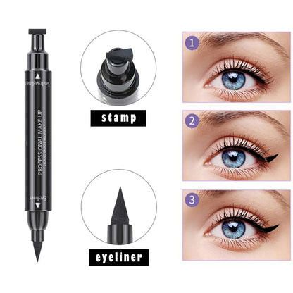 Linble Dual Ended Black Liquid Eyeliner - 2 in 1 Winged Cat Eye Stamp & Felt-tip Eyeliner Pen, Waterproof, Long Lasting and Smudge Proof Eye Makeup Tool for Women