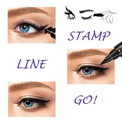 Linble Dual Ended Black Liquid Eyeliner - 2 in 1 Winged Cat Eye Stamp & Felt-tip Eyeliner Pen, Waterproof, Long Lasting and Smudge Proof Eye Makeup Tool for Women