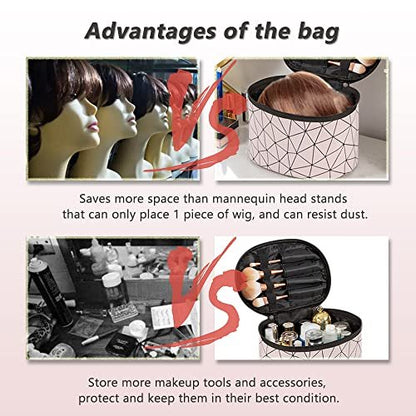 Bemaxy Portable Wig Storage Box - Pink Travel Case for Hair Extensions, Wig Stand, and Makeup Tool Organizer