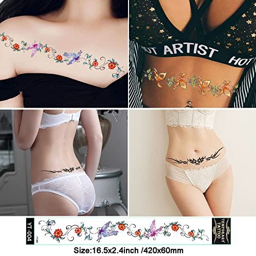 Sexy Flower Navel Tattoos 12 Sheets - Long Belly Abdomen Waist Back Waterproof Temporary Tattoos for Women - görsel 12