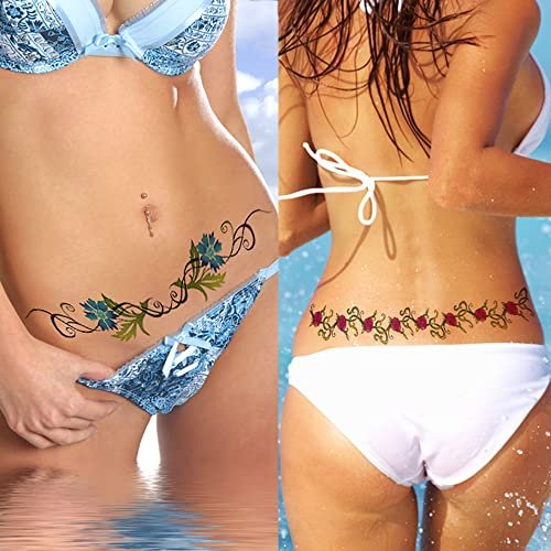 Sexy Flower Navel Tattoos 12 Sheets - Long Belly Abdomen Waist Back Waterproof Temporary Tattoos for Women - görsel 10