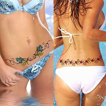 Sexy Flower Navel Tattoos 12 Sheets - Long Belly Abdomen Waist Back Waterproof Temporary Tattoos for Women